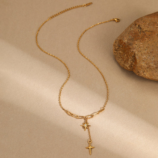 Women's Starburst Cross Pendant Necklace Gold Stainless Steel Chain Necklace