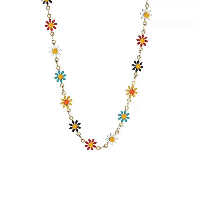 Colorful Flower Choker Necklace Titanium Steel Floral Chain Necklace