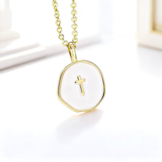 Women's Round Pendant Cross Necklace Gold Alloy Collarbone Chain