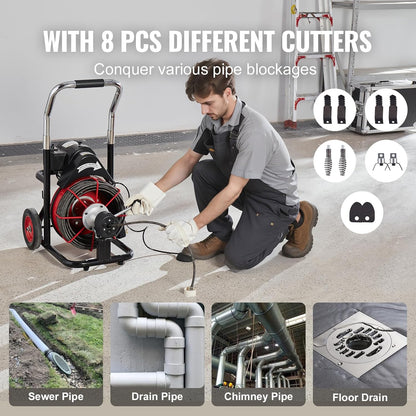 Drain Cleaner Machine 100FT x 1/2 Inch, Auto Feed Sewer Snake Auger on Wheels, 550W Portable Drain Cleaning Machine with 8 Cutters & Air-activated Foot Switch for 2" to 4" Pipes