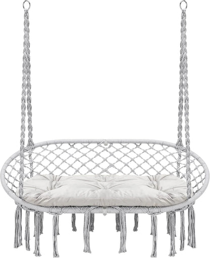 Hammock Chair Macrame Hanging Swing with Cushion,Hanging Cotton Ropes, Metal Frame, 450 lbs Capacity Indoor Outdoor, Patio, Balcony, Living,Deck, Yard, Garden(Double Swing) Beige