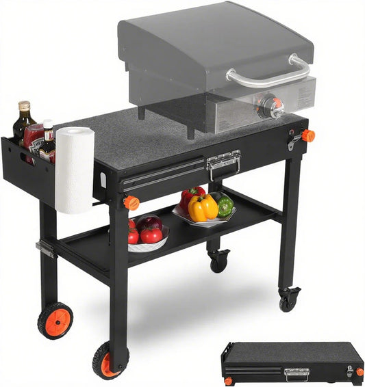 Portable Outdoor Grill Table, Folding Grill Cart Solid and Sturdy, Griddle Stand Large Space, Blackstone Table with Paper Towel Holder, Grill Stand for Blackstone Griddle,Grills etc