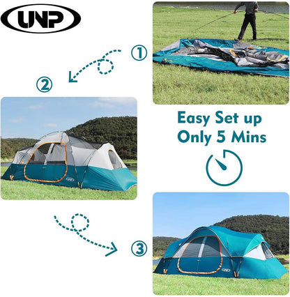 Camping Tent 10-Person-Family Tents, Parties, Music Festival Tent, Big, Easy Up, 5 Large Mesh Windows, Double Layer, 2 Room, Waterproof, Weather Resistant, 18ft x 9ft x78in