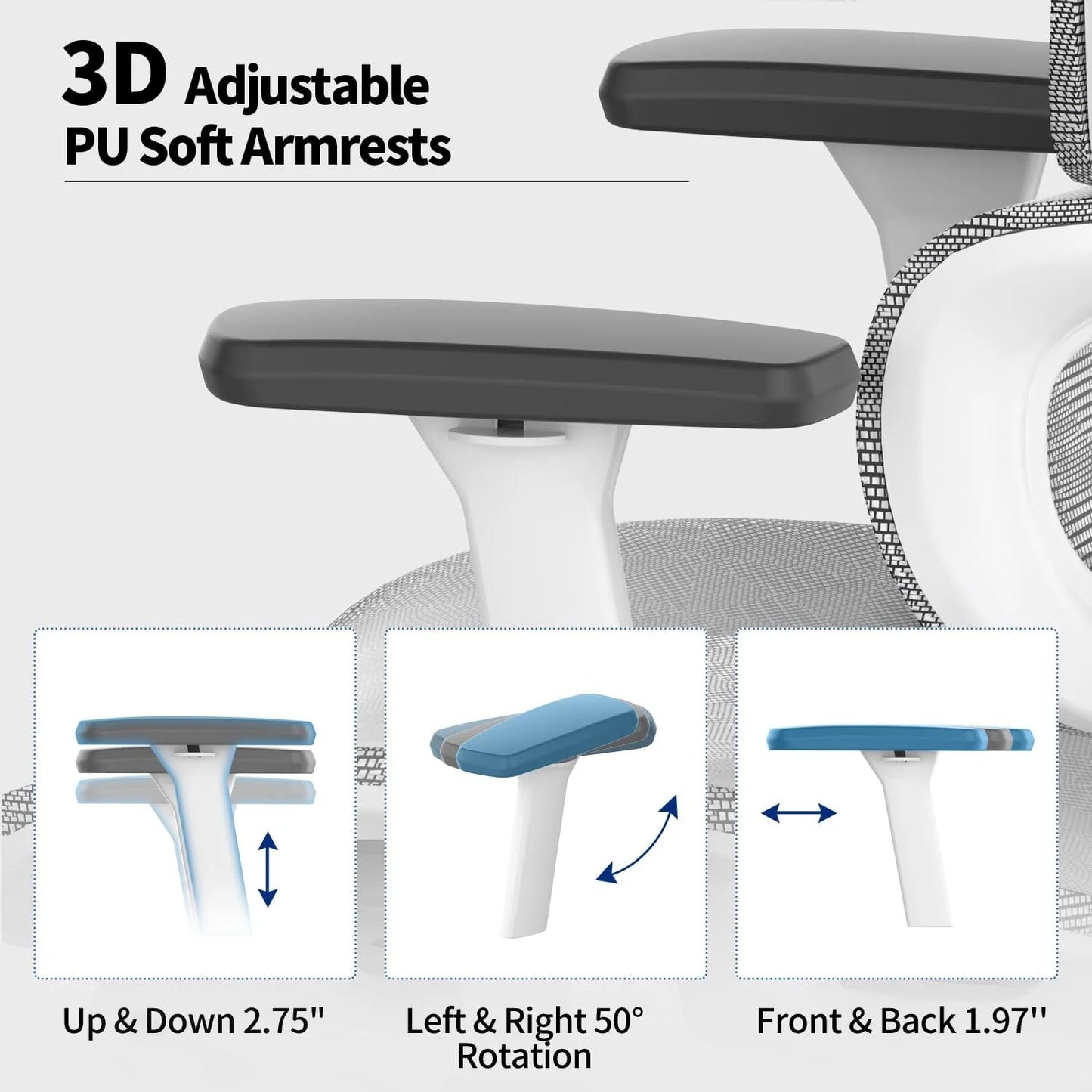 3D Ergonomic Office Chair – High Back Mesh Desk Chair with 3D Adjustable Armrests, Wheels, for Home and Office.