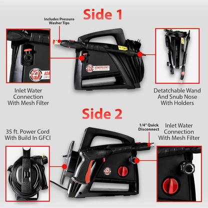 Electric Pressure Washer 2.0, Powerful 1.4 GPM 2000 PSI Car Pressure Washer Sprayer, Snub Nose & Tip Attachment, Use,Car Soap, Patio Boat RV Motorcycle Car Garage Deck.