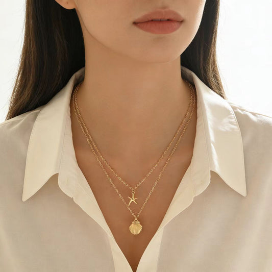 Women's Double Layer Star & Coin Pendant Necklace Gold Alloy Collarbone Chain