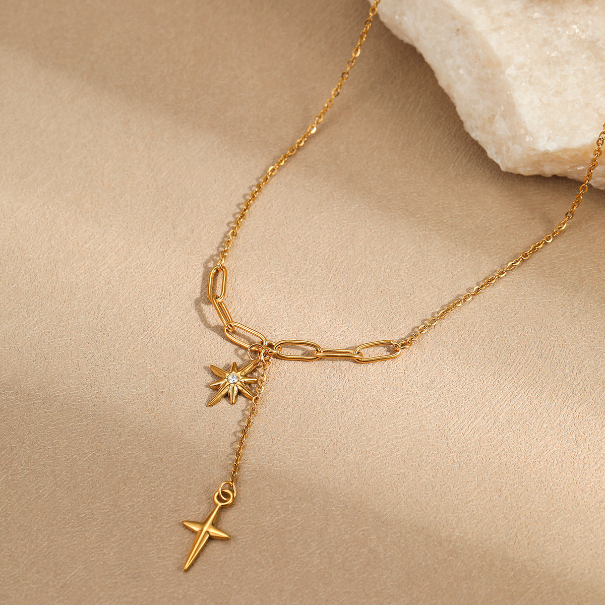 Women's Starburst Cross Pendant Necklace Gold Stainless Steel Chain Necklace