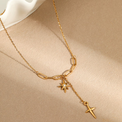 Women's Starburst Cross Pendant Necklace Gold Stainless Steel Chain Necklace