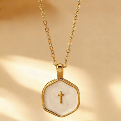 Women's Round Pendant Cross Necklace Gold Alloy Collarbone Chain