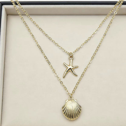Women's Double Layer Star & Coin Pendant Necklace Gold Alloy Collarbone Chain