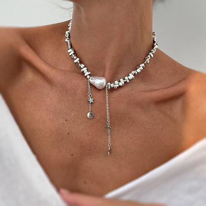 European And American Cross-Border Irregular Beaded Choker Collar Clavicle Chain For Women Simple Ins Star Cross Tassel Necklace