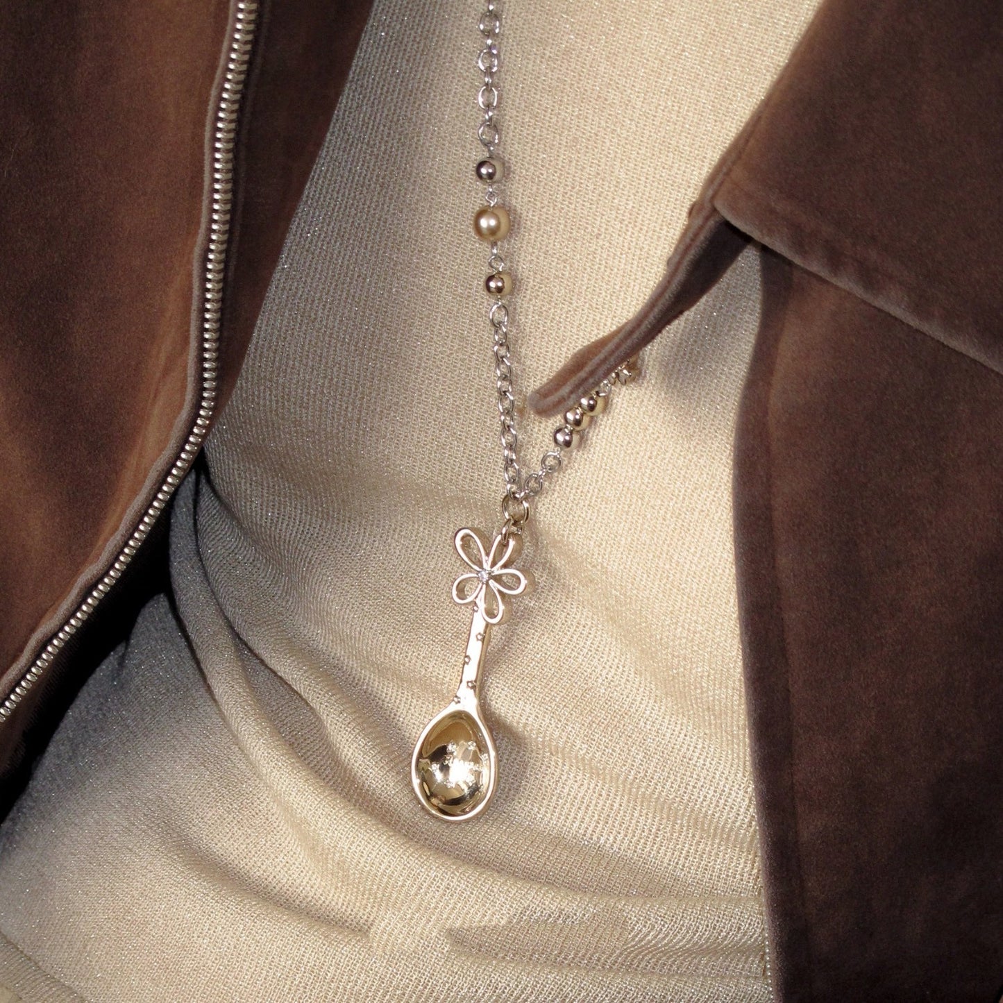 Women's Flower Spoon Pendant Necklace Copper Zircon Long Chain Necklace