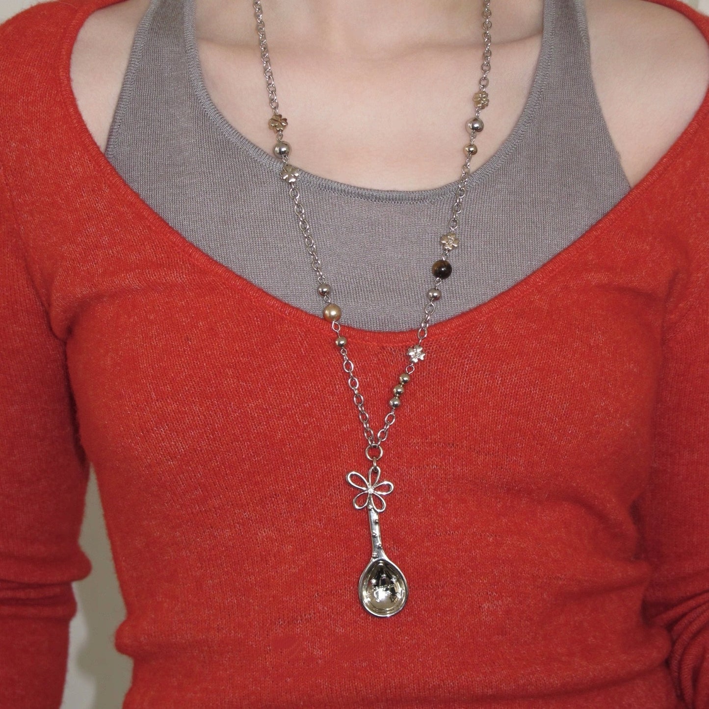 Women's Flower Spoon Pendant Necklace Copper Zircon Long Chain Necklace