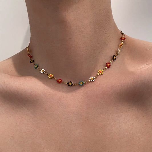 Colorful Flower Choker Necklace Titanium Steel Floral Chain Necklace