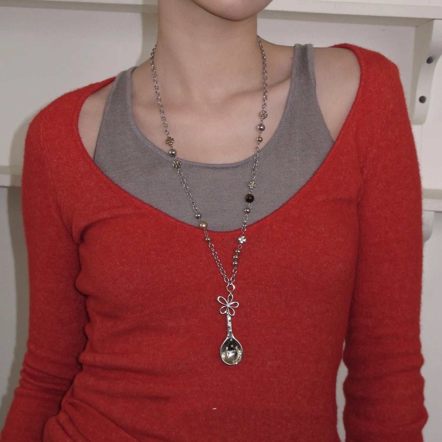 Women's Flower Spoon Pendant Necklace Copper Zircon Long Chain Necklace