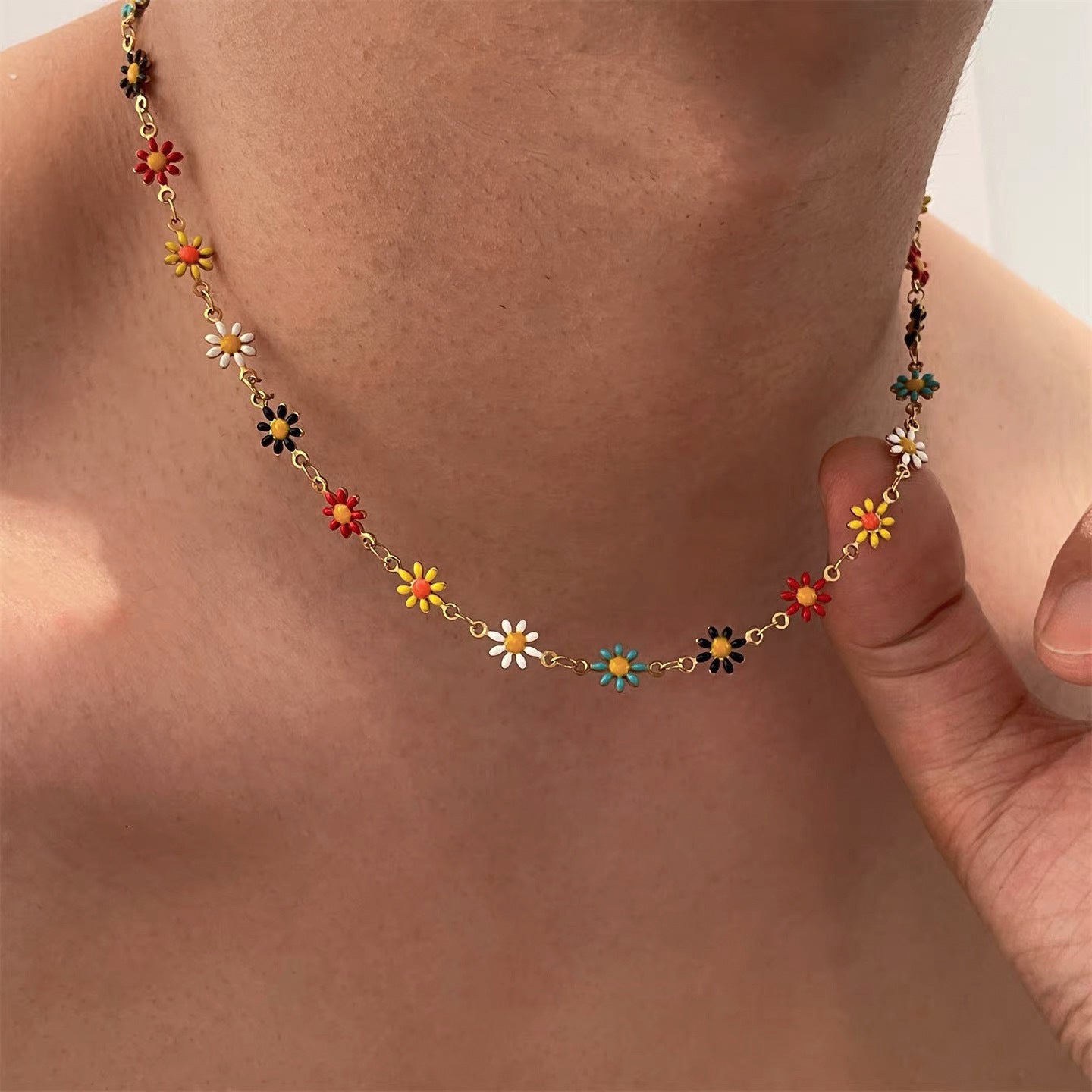 Colorful Flower Choker Necklace Titanium Steel Floral Chain Necklace