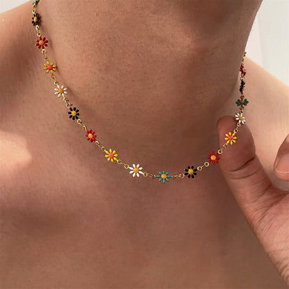 Colorful Flower Choker Necklace Titanium Steel Floral Chain Necklace