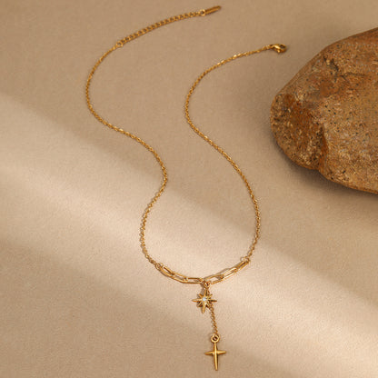 Women's Starburst Cross Pendant Necklace Gold Stainless Steel Chain Necklace