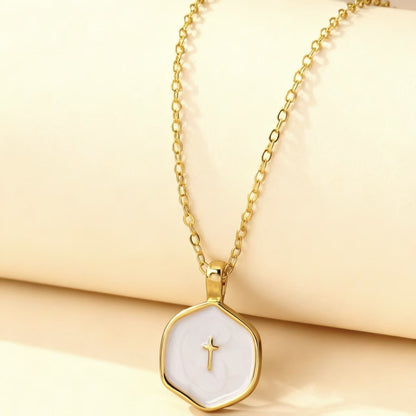 Women's Round Pendant Cross Necklace Gold Alloy Collarbone Chain