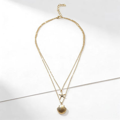 Women's Double Layer Star & Coin Pendant Necklace Gold Alloy Collarbone Chain