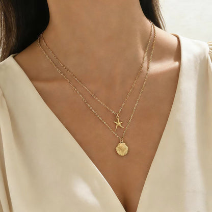 Women's Double Layer Star & Coin Pendant Necklace Gold Alloy Collarbone Chain