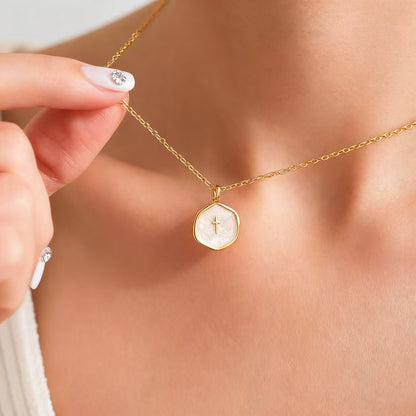 Women's Round Pendant Cross Necklace Gold Alloy Collarbone Chain