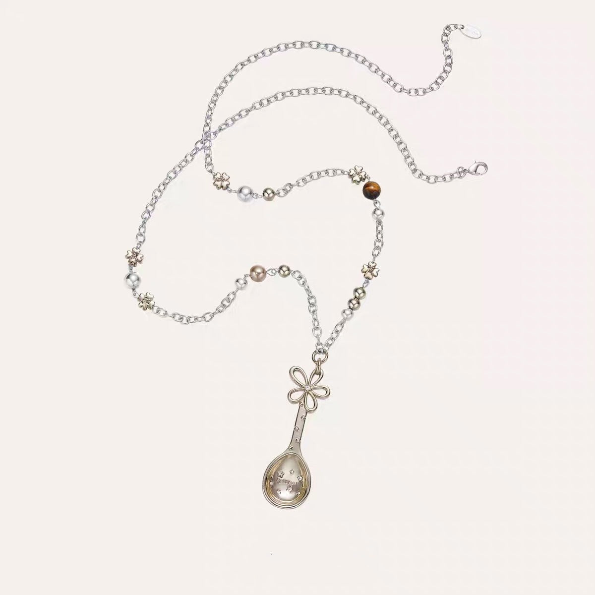 Women's Flower Spoon Pendant Necklace Copper Zircon Long Chain Necklace