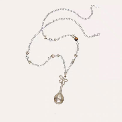 Women's Flower Spoon Pendant Necklace Copper Zircon Long Chain Necklace