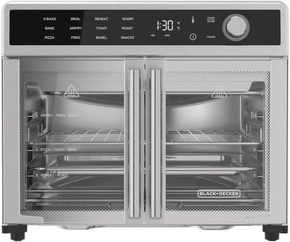 Air Fryer Toaster Oven Combo, 12 in 1 Countertop Convection Oven Cooks Food Fast, Fits a Whole Pizza or 6 Toast Slices, French Doors with Stainless Steel Finish.
