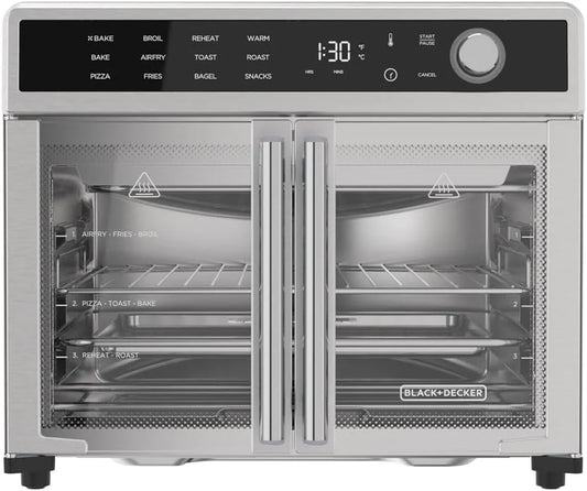Air Fryer Toaster Oven Combo, 12 in 1 Countertop Convection Oven Cooks Food Fast, Fits a Whole Pizza or 6 Toast Slices, French Doors with Stainless Steel Finish.