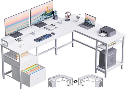 66” L Shaped Desk with Power Outlet, Reversible Computer Gaming Desk with File Drawer & 2 Monitor Stands for Home Office with Storage Shelves, Rustic Brown