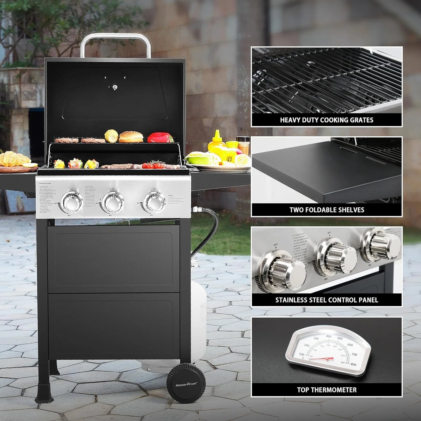 3 Burner BBQ Propane Gas Grill, Stainless Steel 30,000 BTU Patio Garden Barbecue Grill with Two Foldable Shelves